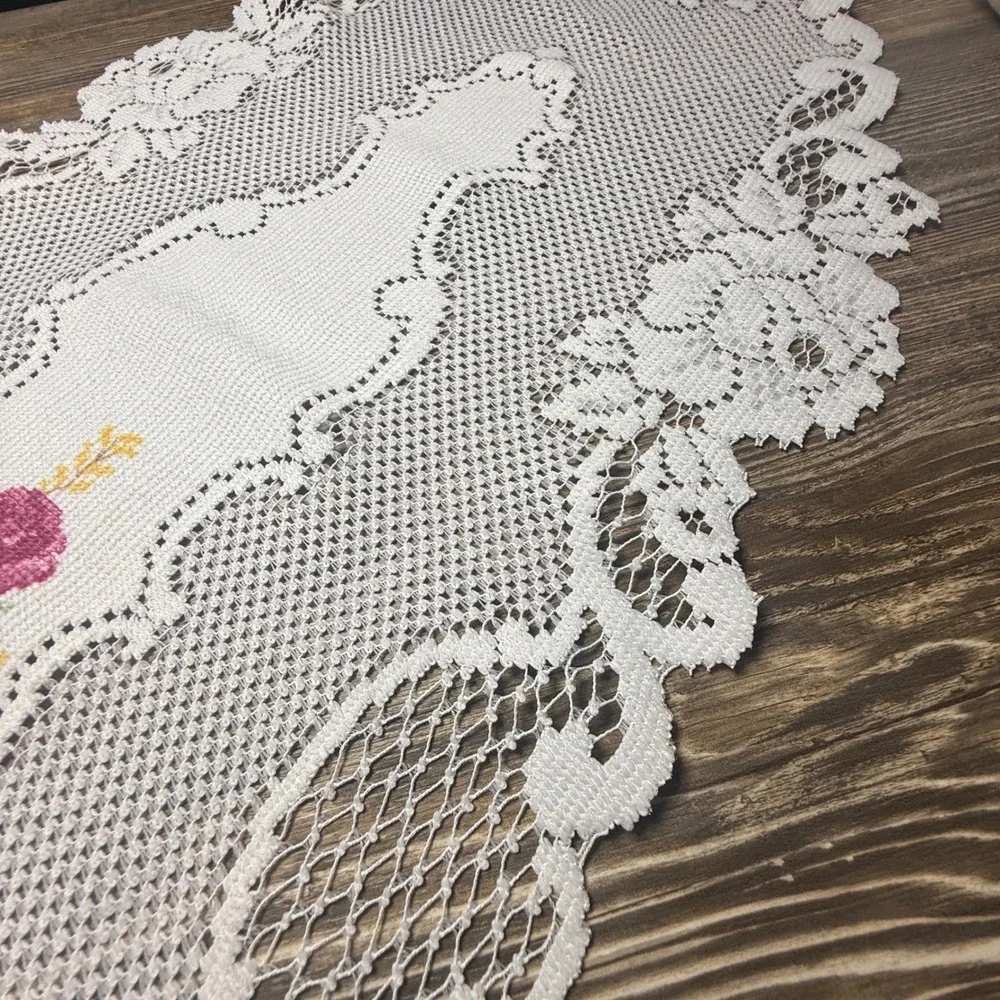 Vintage White Lace Table Runner Pink Rose Cross Stitch Floral Scalloped 46x16